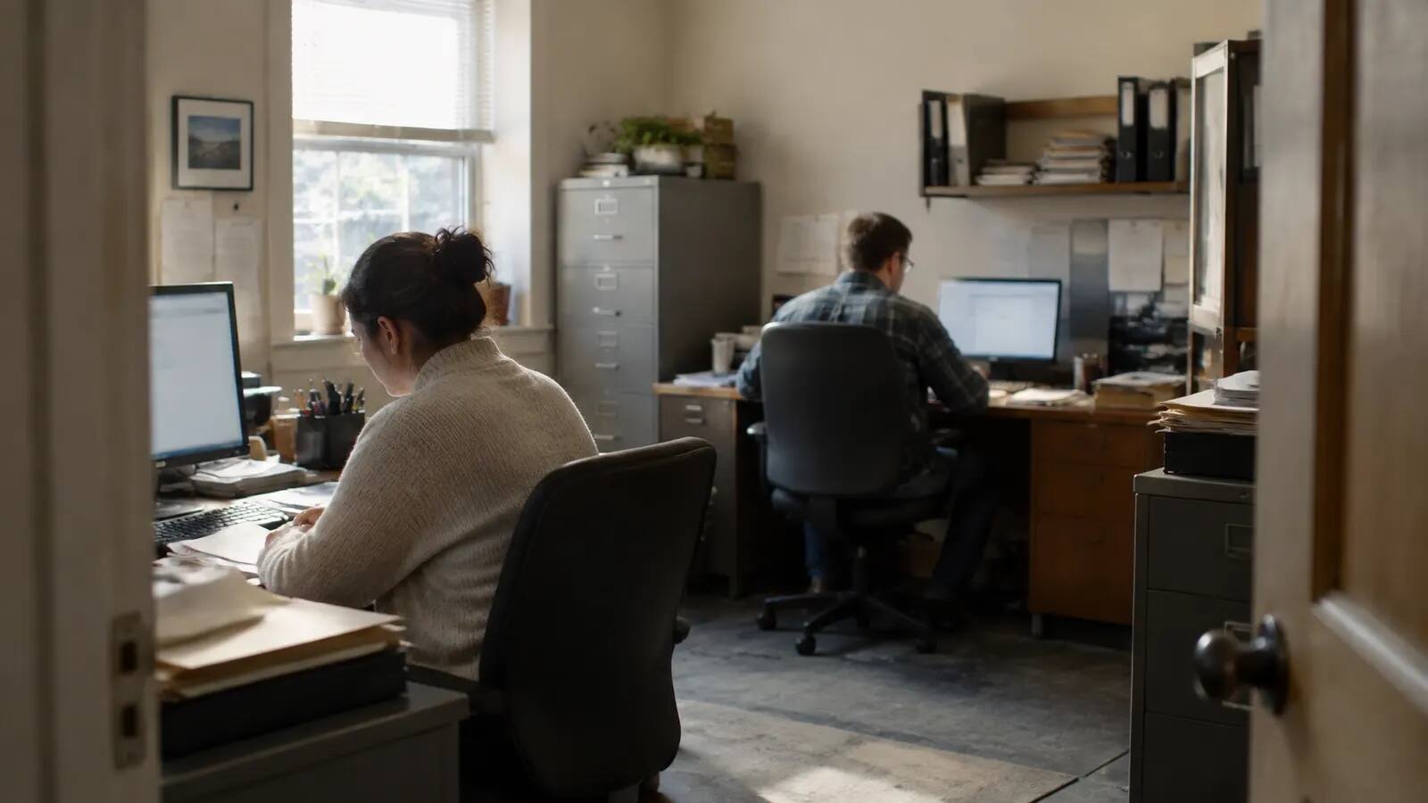 Office staff preparing payroll records in a small workplace back office