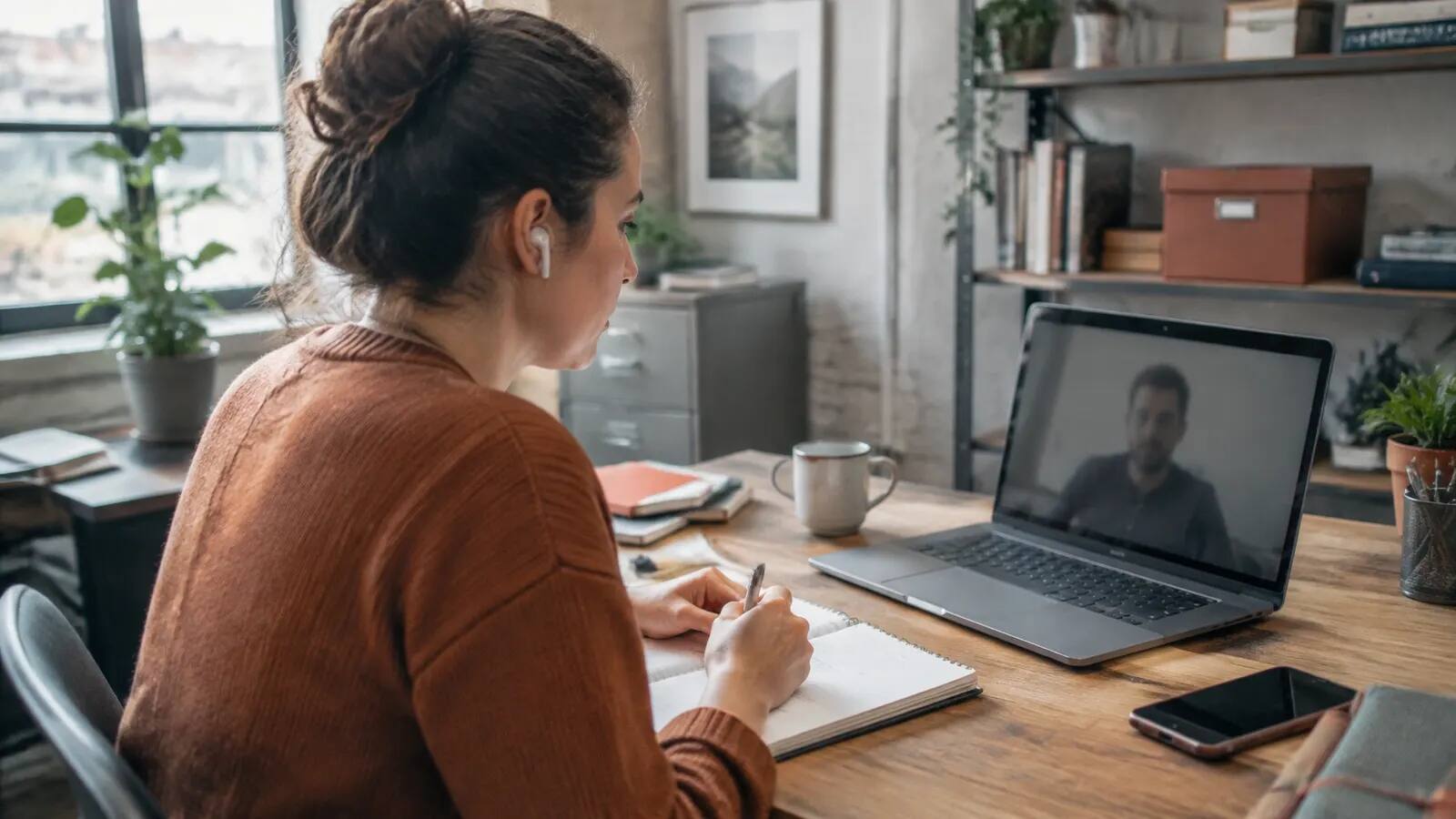 Two coworkers on a short business call with notes on the desk